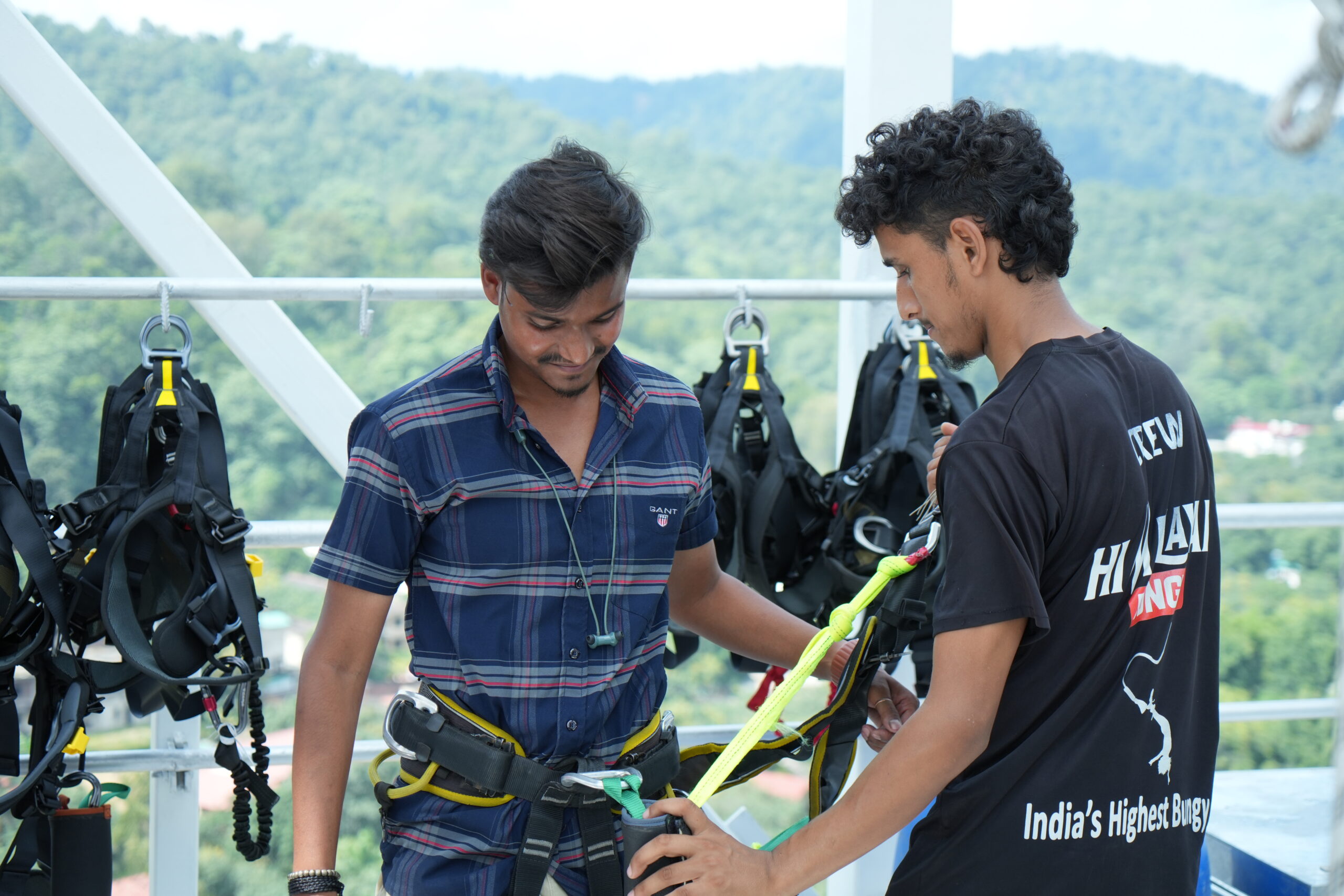 Safety checks before taking the leap at Jim Corbett bungee jumping site